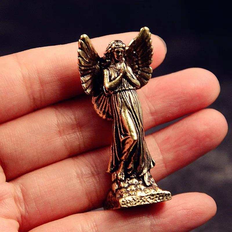 Solid Brass Blessed Angel Small Statue Vintage Character Miniatures Figurines Desktop Decorations Crafts Home Decors Ornaments