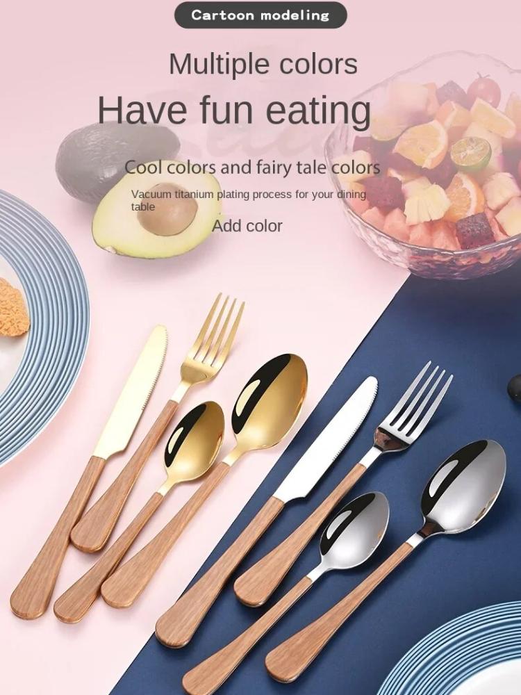 4-teiliges Geschirrset mit Messer und Gabel, Teelöffel, Edelstahl, Holzimitatgriff, westliches Geschirr, einfach und fortschrittlich