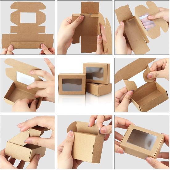 BadenBach 50 Pack Mini Rectangle Kraft Paper Boxes with Clear Windows,3.33" x 2.35" x 1.18",Tiny Small Homemade Soap Packaging Box Small Gift Boxes