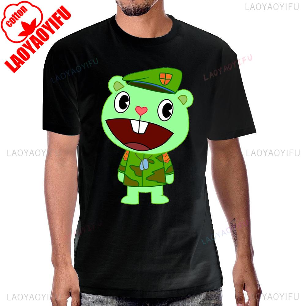 Linda Camiseta Gráfica Flippy Happy Tree Friends Dibujos Animados Vintage Algodón Casual Moda Holgada Manga Corta Estilo Verano Camiseta de Hombre