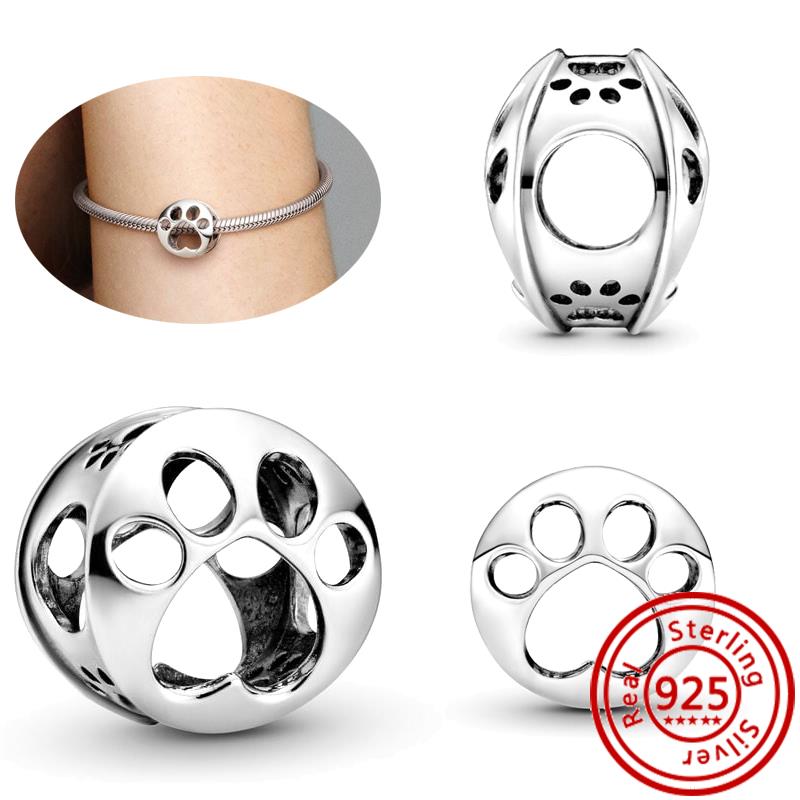 925 Sterling copper Cute Animals Dog Paw Print Pendant Love Heart Beads Fit Original Pantaro Charms Bracelet DIY Zircon Making