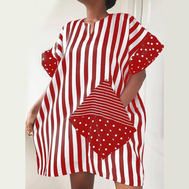 Women Plus Size Round Neck Striped Print Short Sleeve Dresses