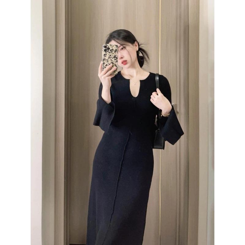 

Темпераментное черное трикотажное платье с V-образным вырезом, ощущение высокого класса, суперкрасивая нижняя юбка, юбка с пальто зимой XL чёрный