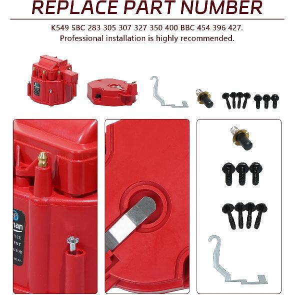 Red Male HEI Distributor Cap And Rotor Kit For SBC BBC 283 305 307 327 350 396 454 V8 Engines Performance Replacement For K549, 8416, 400, 454