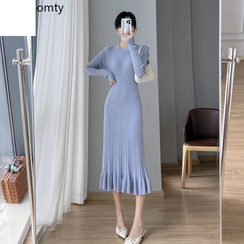 

Корейский стиль, осень-зима, женское длинное платье-свитер, абрикосовое, черное, розовое, вязаное теплое платье, женское платье русалки с оборками