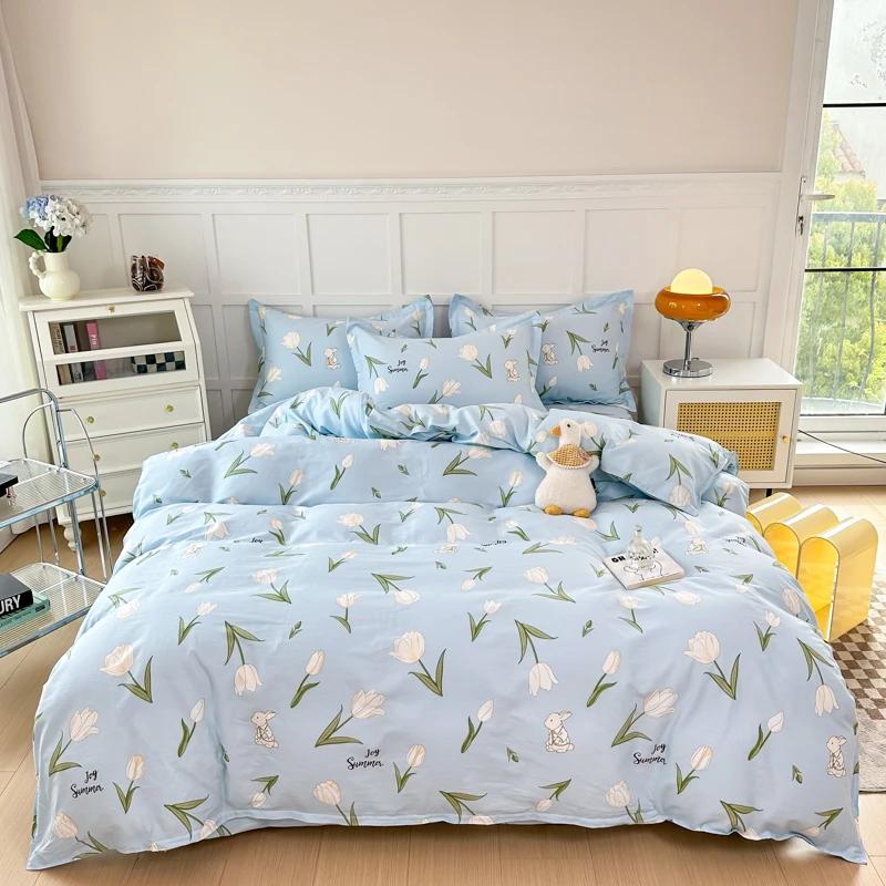Floral Plants Duvet Cover Set 100% Cotton 3Pcs Blue Quilt Cover with 2 Pillowcases Skin-friendly Soft Bedding Set for All Season