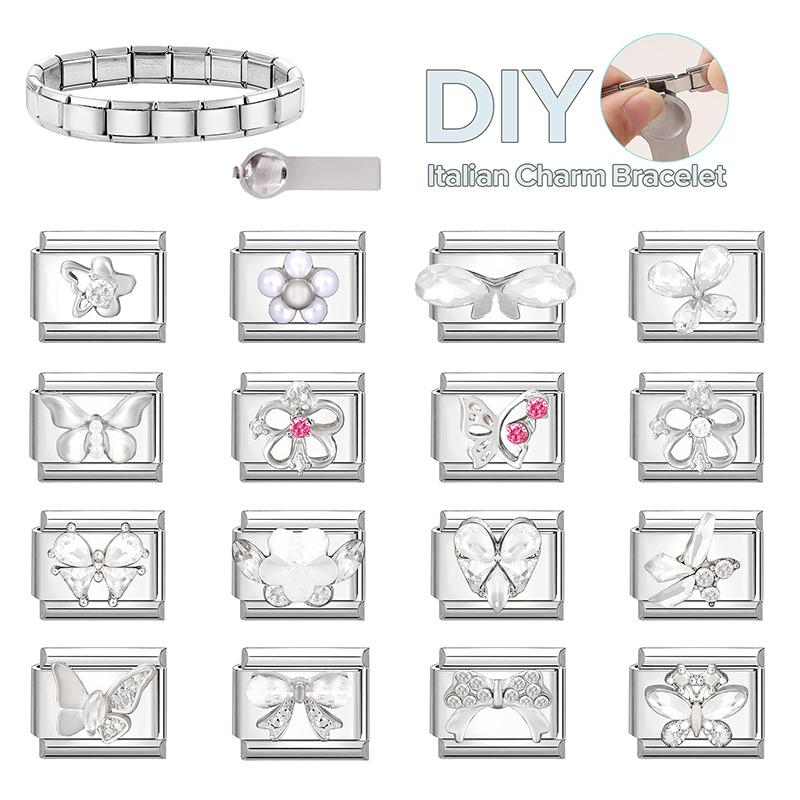 New Shiny Zircon Heart Butterfly Flower Star Bow Italian Charm Links Fit 9MM Stainless Steel Bracelet Girls' DIY Making Gift
