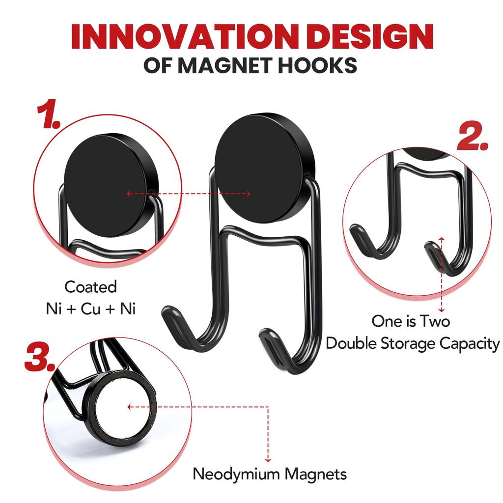 Strong Magnet 304 Stainless Steel Rotating Detachable No Drill Hooks Black Pack of 8