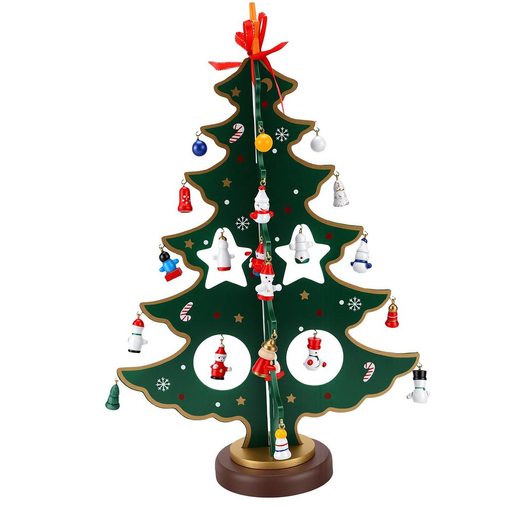 Wooden Xmas Tree Advent Calendar Tabletop Xmas Tree Decoration with Star Topper and 28 Ornaments for Home