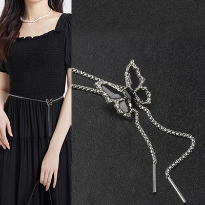Y2K Metal Butterfly Tassel Pull-Out Adjustable Choker Necklace Butterfly Pendant Chain Necklace Punk Hiphop Jewelry Gift