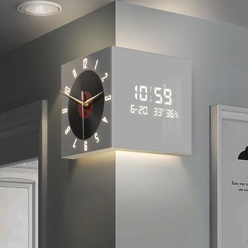 Retro Dual-Sided Wall Clock Vinyl-Style Silent Mechanism Calendar Clock with Perpetual Digital Display for Home Decor