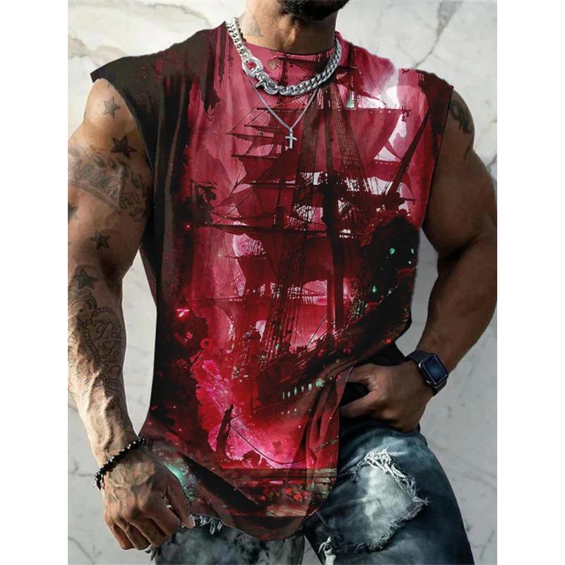 Men\'s Bottom Shirt Pattern Boat Rudder V-Neck 3D Outdoor Street Sleeveless Printed Clothing Athletic Casual Big & Tall Tank Top