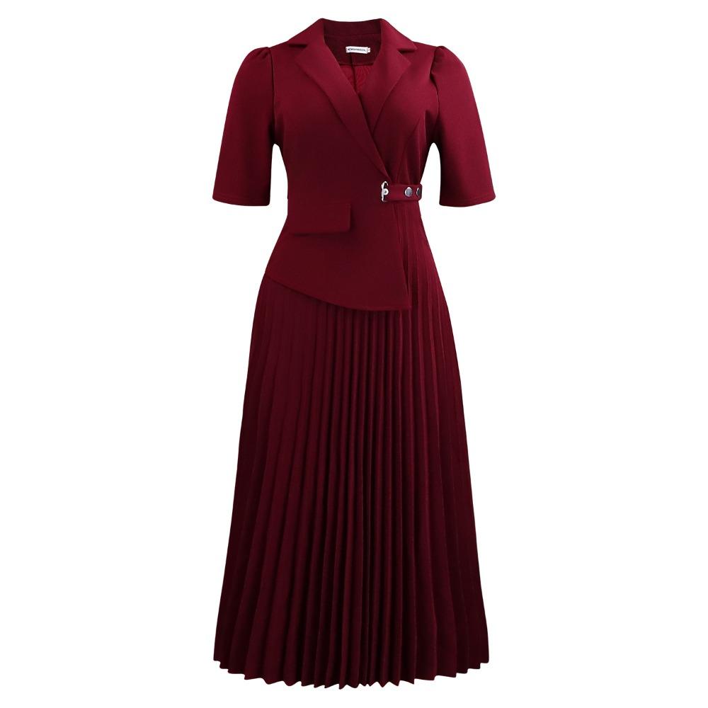 Women's Lapel Collar Three Quarter Sleeve Midi Pleated Dress Fitted High Waist Elegant Solid Office Commute Dress