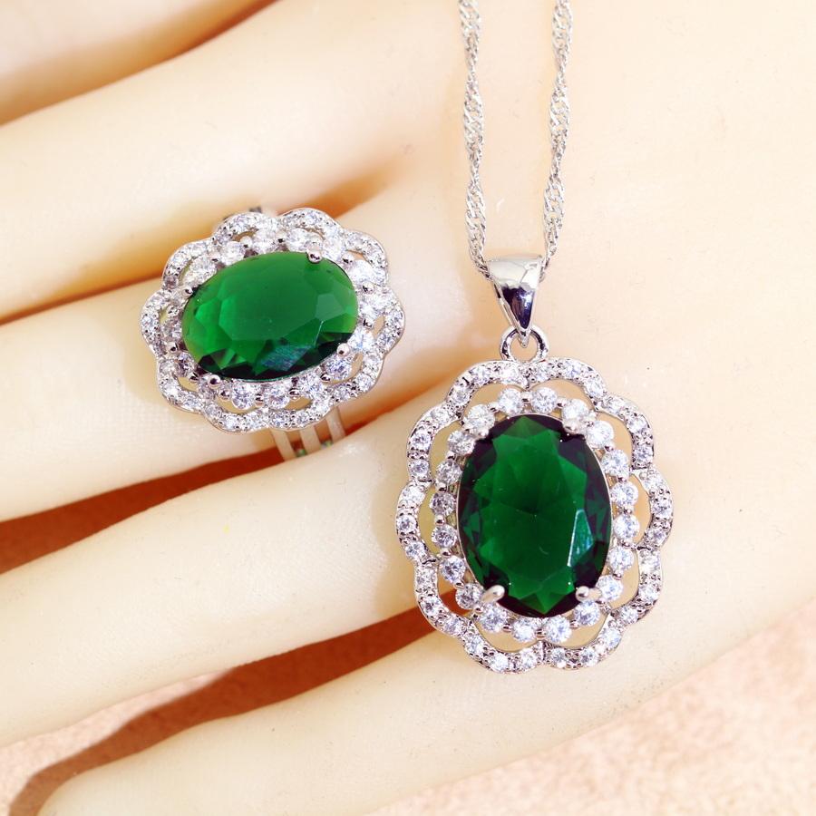 Green Zircon   Jewelry Sets Bridal Earrings For Women Ring Pendant Necklace Set Wedding Jewelry