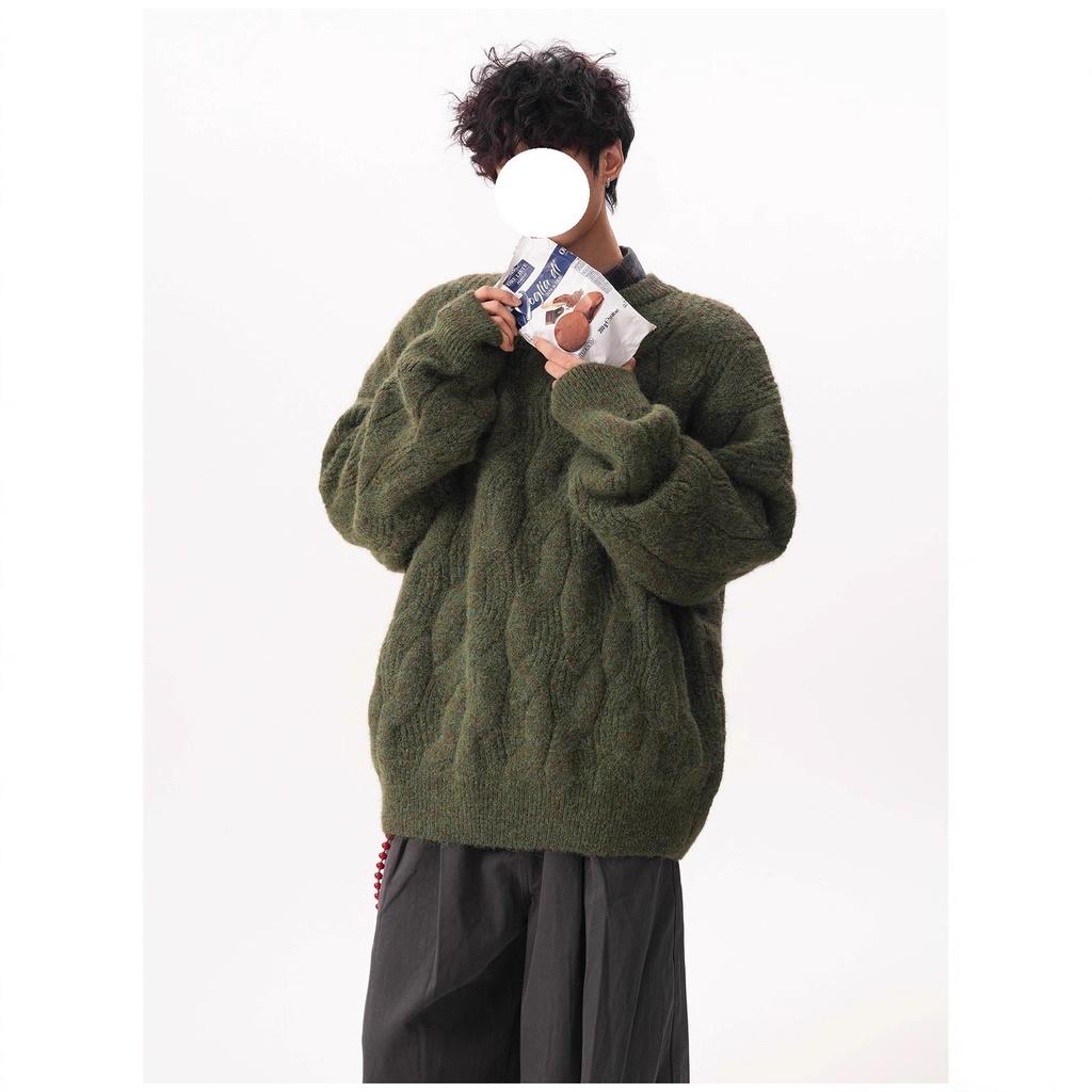 Retro heavy texture crew neck knitted sweater men's and women's autumn and winter design simple loose couple pullover top