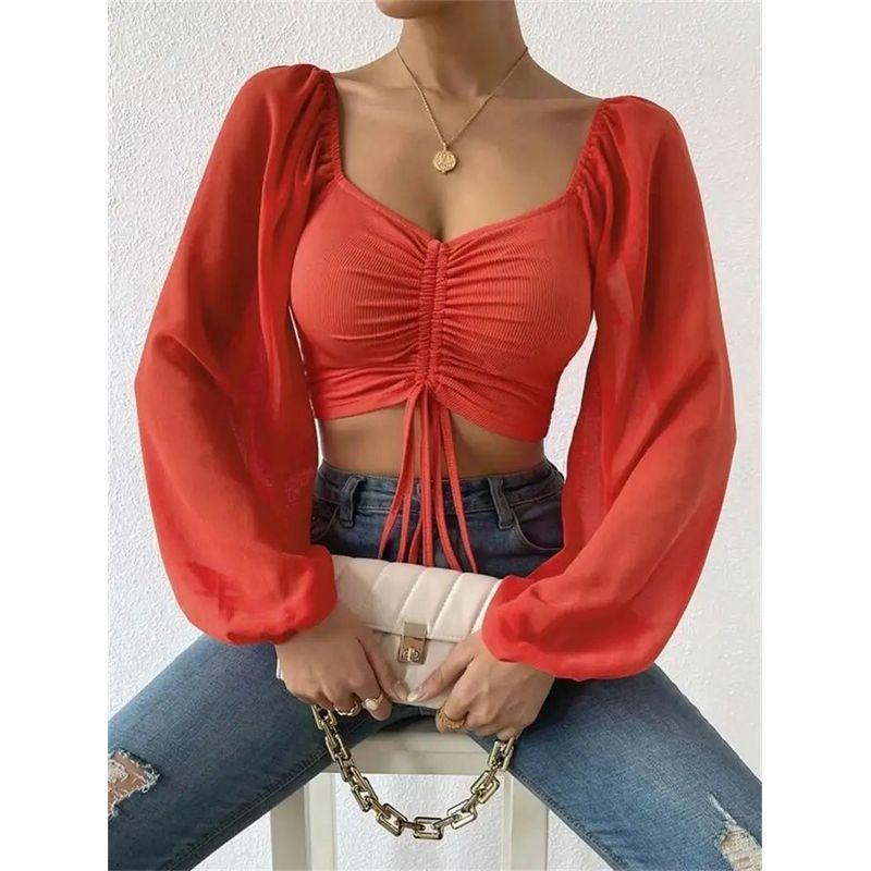 V-neck Drawstring Lantern Sleeve Top Low Cut V-neck Drawstring Bishop Sleeves Top