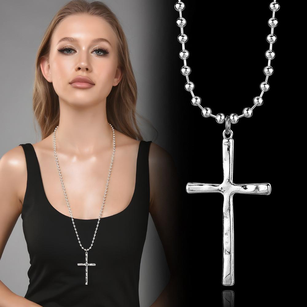 Geometric Beaded Chain Necklace With Cross Pendant For Unisex Fashion Jewelry