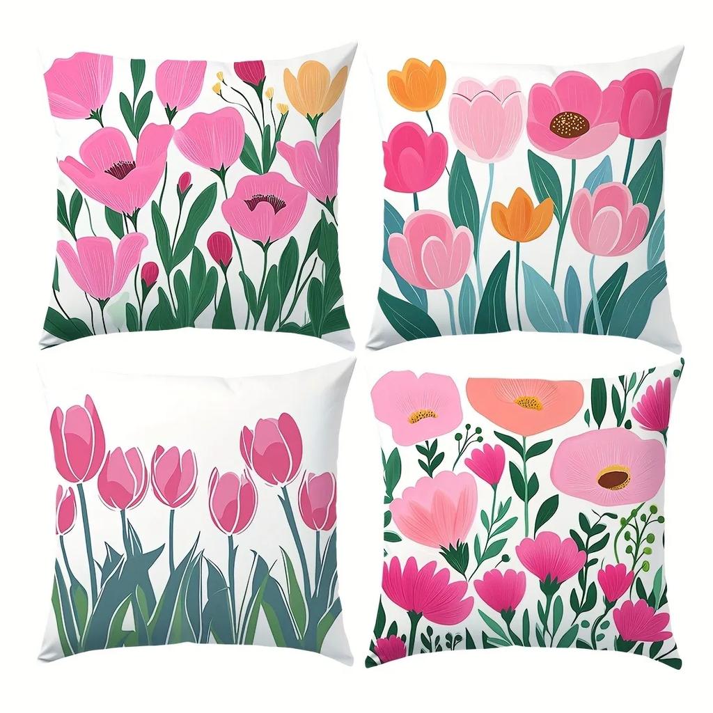Colorful Tulip Pattern Home Decor Pillowcase Living Room Sofa Polyester Cushion Cover with Zipper