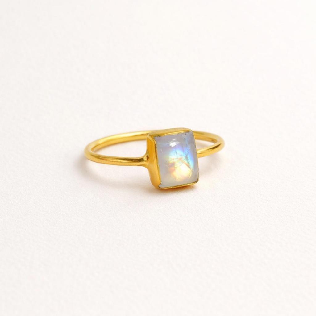Rainbow Moonstone Minimalist Gold Plated 925 Sterling Silver Ring, Handmade Bohemian Jewelry for Women