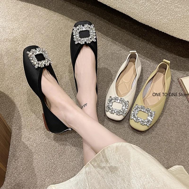 Fashion Plus Size Women Shoes Square Toe Pumps Spring New Rhinestones Buckle Slip On Women's Flat Shoes Ladies Office Work Casual Shoes