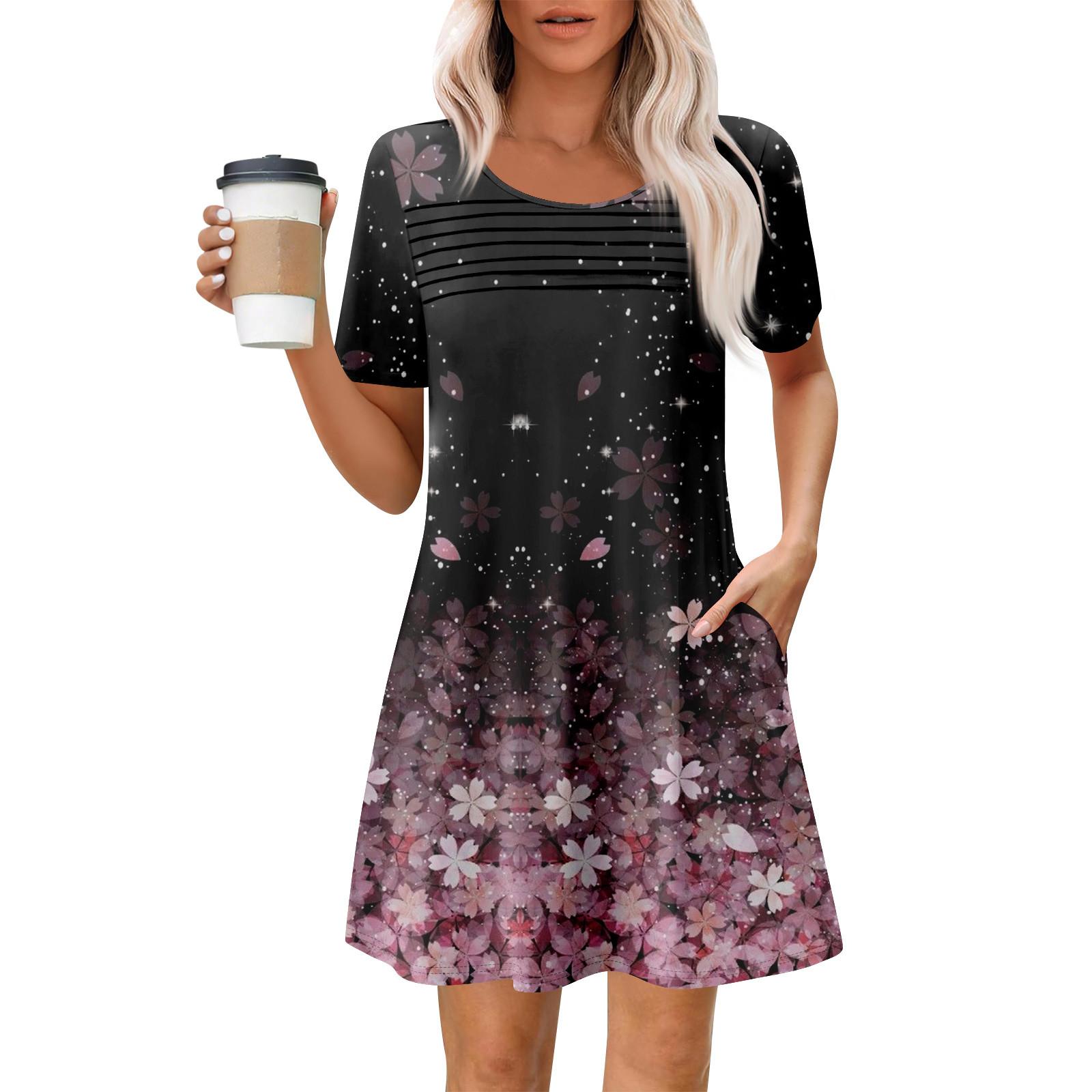 

Женские летние повседневные платья с круглым вырезом, плиссированные, с карманами, с принтом, с коротким рукавом L розовый