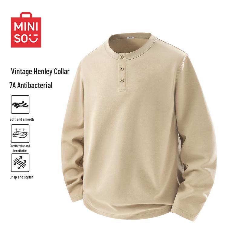 MINISO Men s American Casual Heavyweight Henley Long Sleeve T-Shirt L