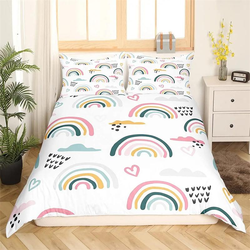 Cartoon Rainbow King Queen Duvet Cover Kids Girls Colorful Clouds Bedding Collection Love Heart Comforter Cover Polyester Quilt Cover