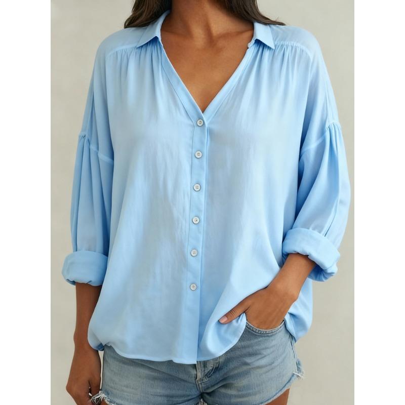 JPNTKY Women's Fashion Casual Solid Color Print Long Sleeve V Neck Blouses & Shirts