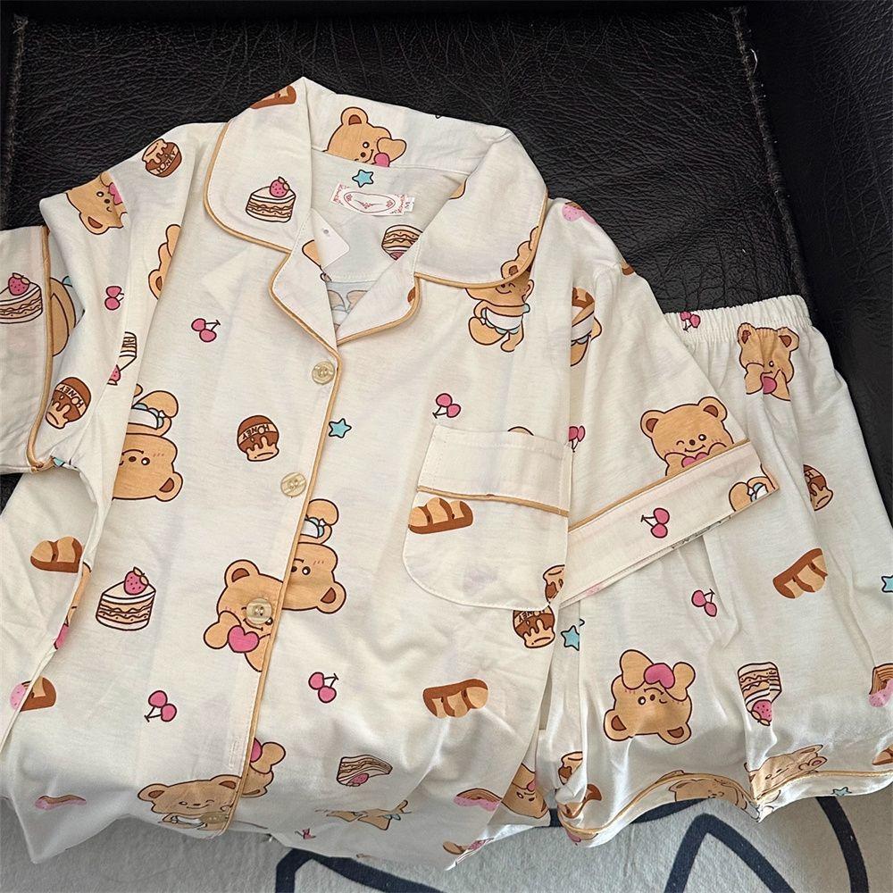 

Sweet and cute honey bear pajamas women s summer short-sleeved shorts two-piece set soft cute princess style cardigan loungewear S