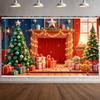 Xmas Event Banner Red Green Theme Winter Celebration Banner Christmas Fireplace Banner String Lights For New Year Party Xmas