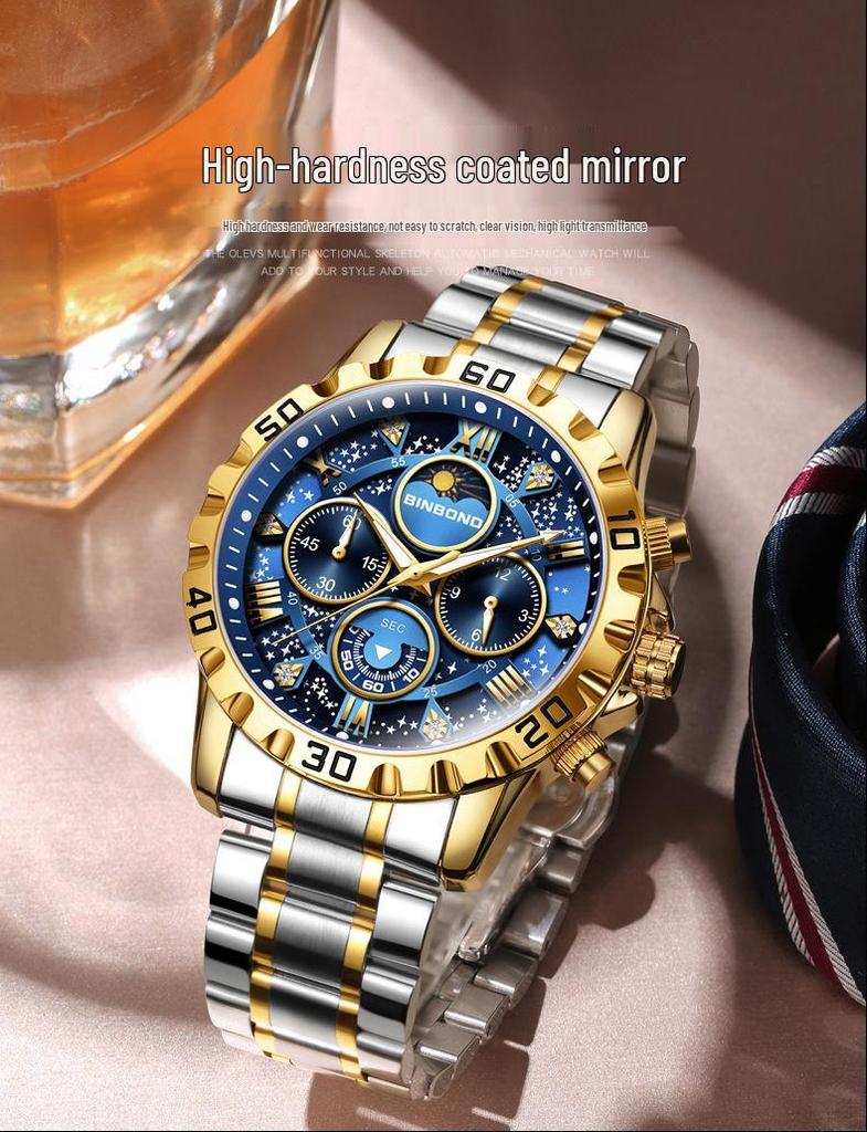 BINBOND Men's Luminous Stainless Steel Moon Phase Quartz Watch