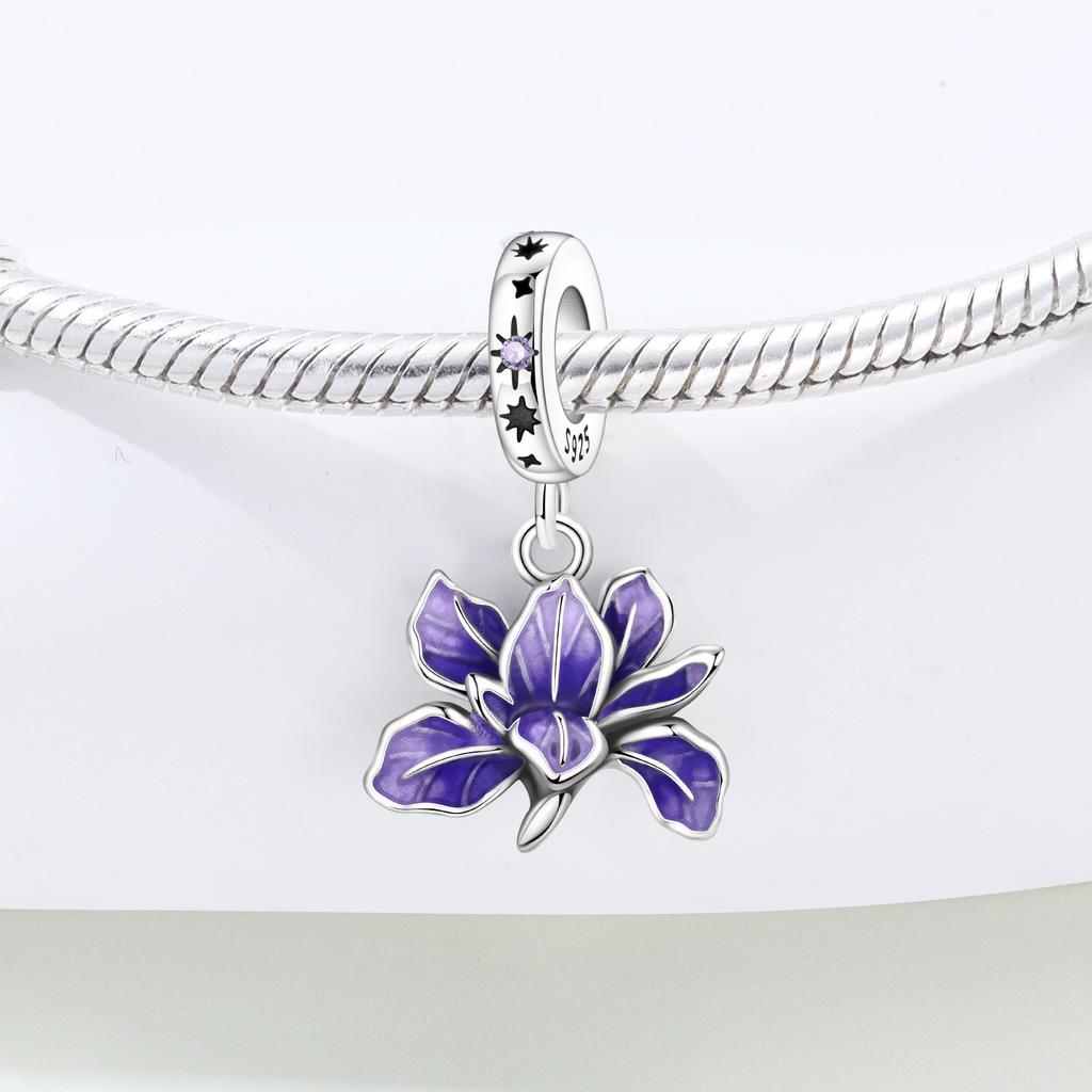 PANPOKI Copper Metal Purple Iris Flower Pendant Bead Components Authentic Original Bracelet High Quality Fine Jewelry Charm Bead Components High