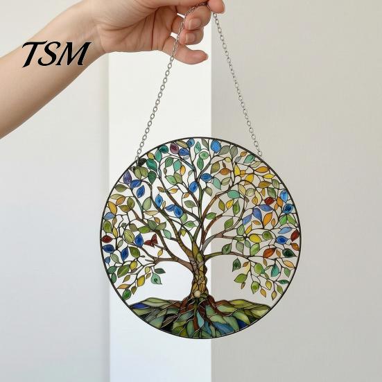 Wall Hanging Ornament Tree of Life Round Sign, Stained Glass Acrylic Suncatcher Decoration Decoration, Window for Indoor Outdoor