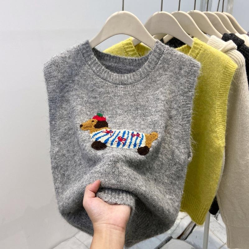 Cartoon Dachshund Embroidered Knitted Vest Women's Spring New Stacked Soft Waxy Vest Sleeveless Sweater
