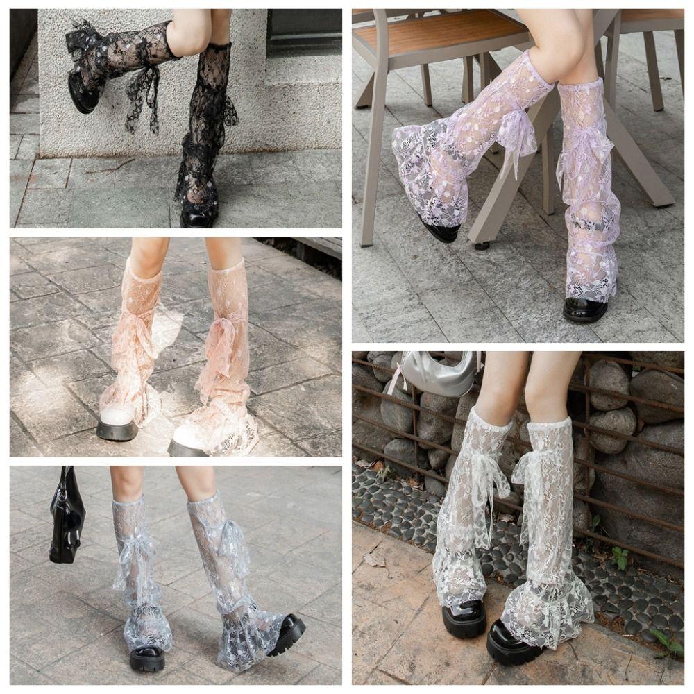 

Transparent JK Calf Long Socks Lace-up Bow Lace Knee High Socks Trendy Y2k Loose Stockings Girls чорний