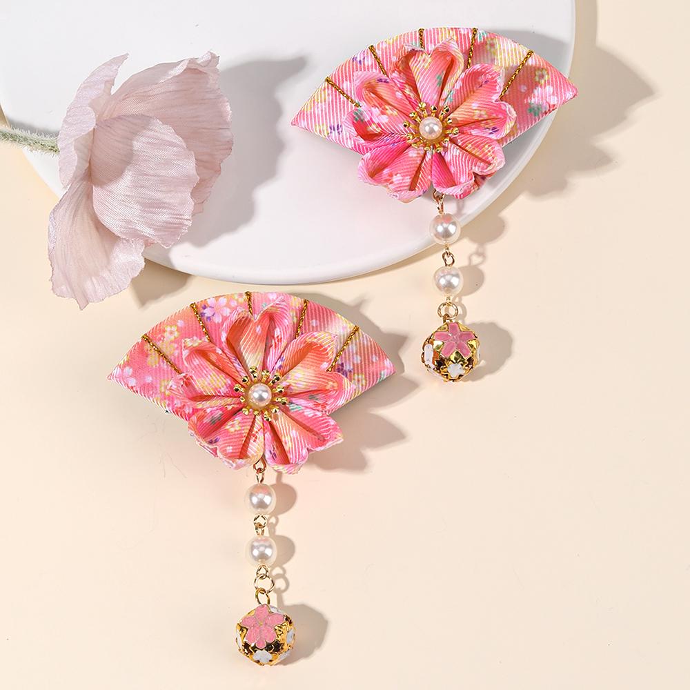 2Pcs Japanese Fan Hair Clip Sakura Ribbon Barrette Pearl Dangle Hairpin For Girls Women Children Headdress Headwear Accessories