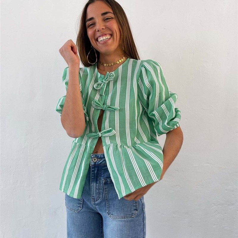 

2024 New Striped Top Shirt for Women Green M