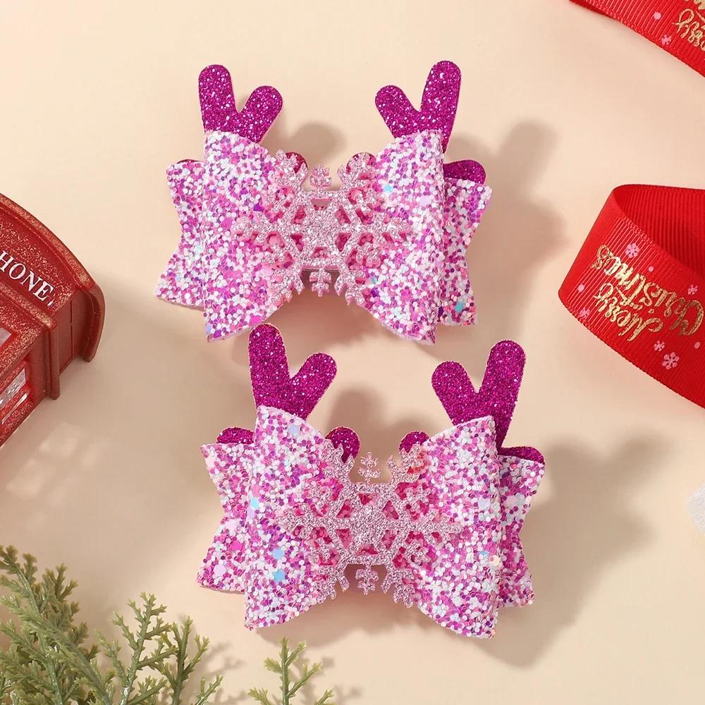 2pcs Glitter Christmas Kids Bows Hairpin for Girls Antlers Printed Fabric Ponytail Clips Christmas Holiday Prom Hair Accessories