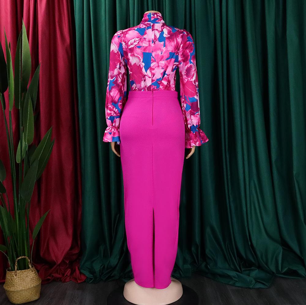 YYFS Women's Fashion Casual Flower Pattern Print Autumn Winter Long Sleeve Skirt Suits