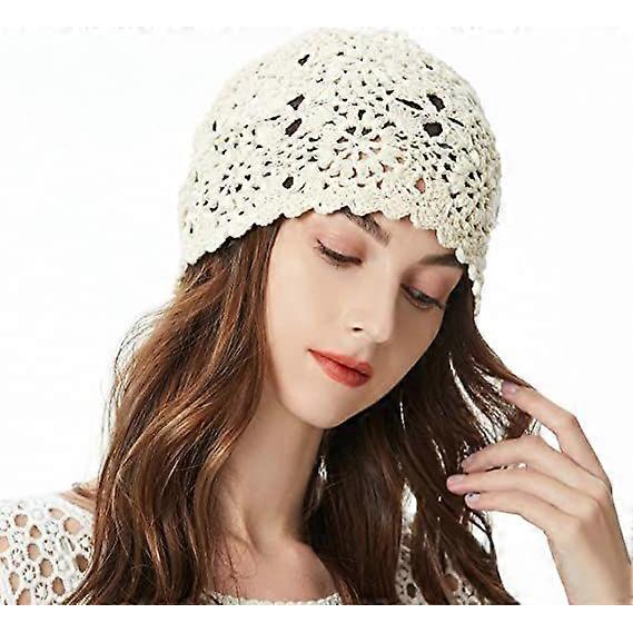 Dww-Women's fine cotton beanie (beige), hand-knitted summer flower skull beanie