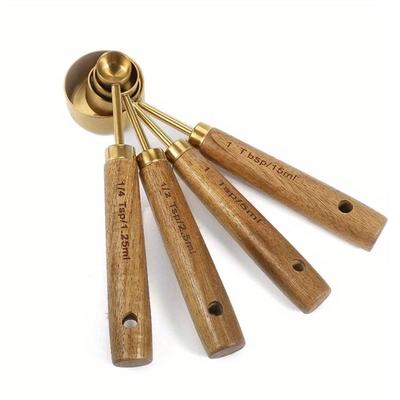 Stainless Steel Measuring Cups Spoons Gold Bartending Scale Baking Tools Sugar Salt Spice Spoon Wooden Handle
