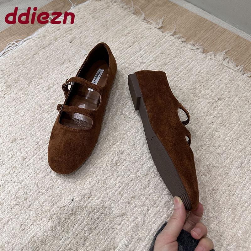 Fashion Buckle Fashion Flock Ladies Mary Janes Flats Shoes 2025 New Shallow Female Soft Footwear Round Toe Women Ballet Flats Shoes