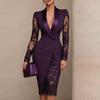 2026 Solid Color Lace Patchwork Lapel Dress – Long Sleeve, Waist-Cinching Casual Suit for Europe & America
