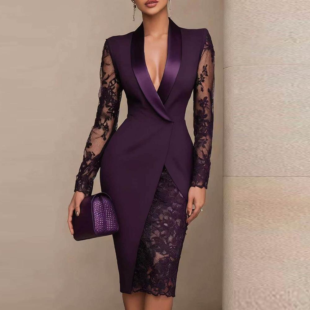 2026 Solid Color Lace Patchwork Lapel Dress – Long Sleeve, Waist-Cinching Casual Suit for Europe & America