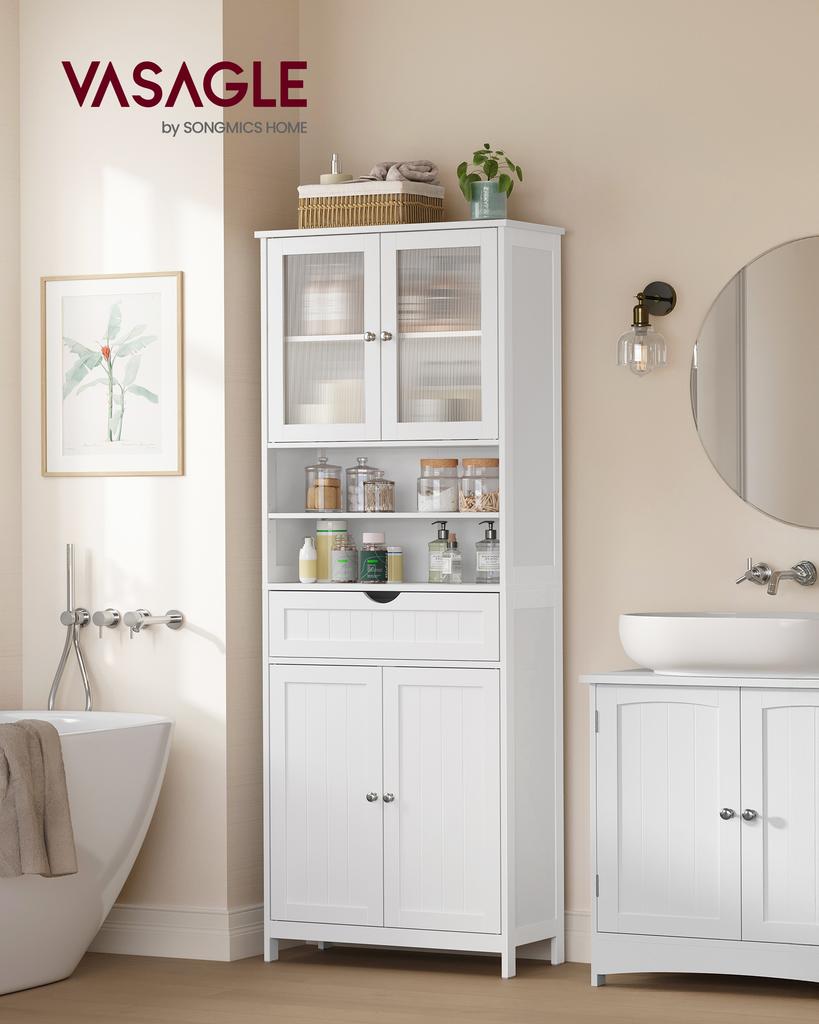 VASAGLE Storage Cabinet, Freestanding Bathroom Storage Unit with Adjustable Shelves, Drawer, Open Compartments, for Bathroom, Living Room, Kitchen
