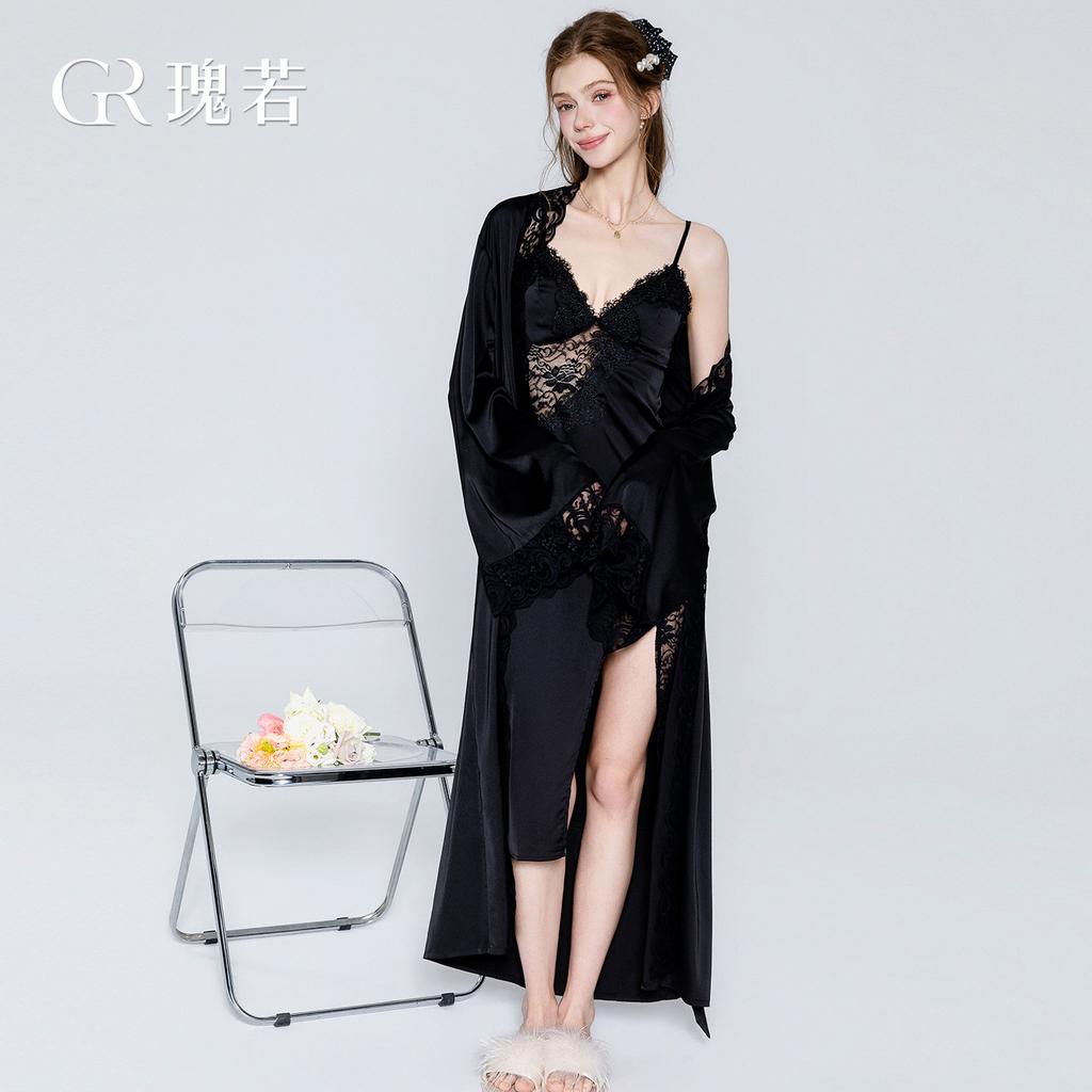 Women's Sheer Lace Deep V Padded Side Slit Cami Sleep Dress with Robe Set