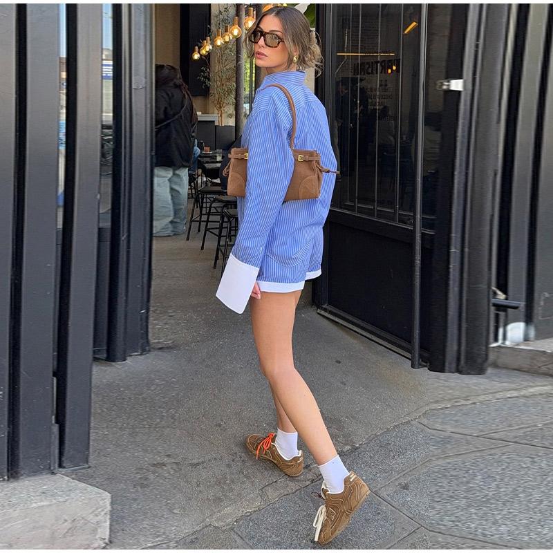 Women's Color Blocked Striped Shirt Wide Leg Shorts Set for Spring and Summer Casual Loose Fit Daily Commuting VersatileFrench Style Lady Sets