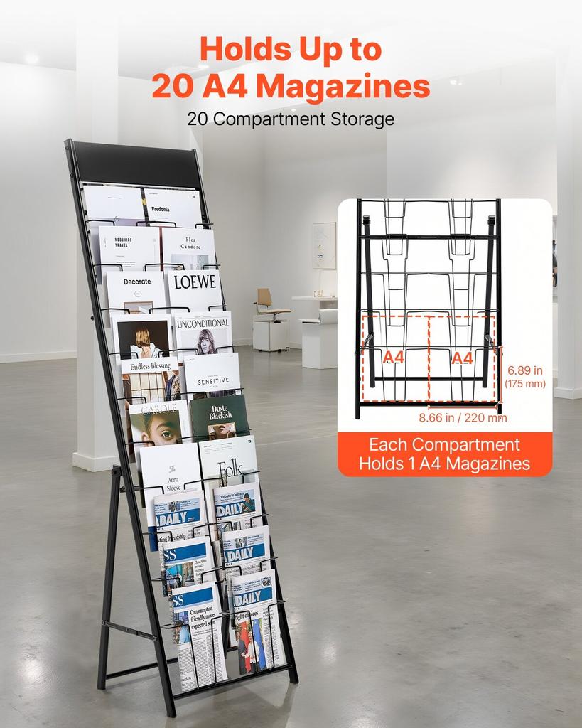 Brochure Display Rack, 20 Pockets Magazine Literature Display Stand, Portable Floor Standing Magazine Rack, Metal Newspaper Catalog Holders for Shop,