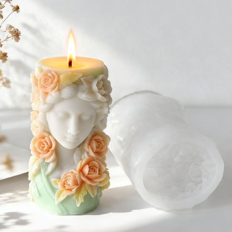 Diy Rose Flowers Relief Girl Portrait Cylinder Mold Handmade Aroma Candle Plaster Resin Silicone Mould Home Decor Craft Molds