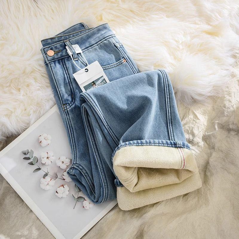 Large Size Jeans for Women with Plush Autumn and Winter High Waist Wide Leg Long Pants